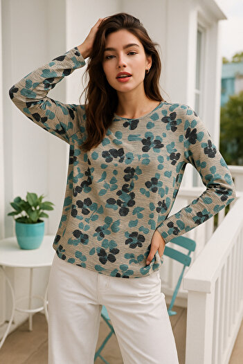 Rich Women's Mint Green Patterned Crew Neck Long Sleeve Blouse