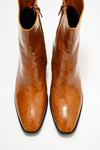 LuviShoes Γυναικείες μπότες με χοντρό τακούνι CHARA Tan Print