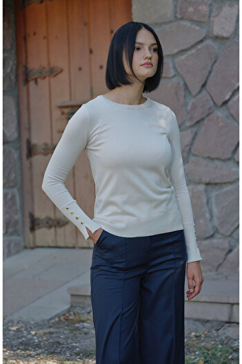 Fatma Atasoy Gold Buttoned Short Ecru Basic Mercerized Knitwear Sweater