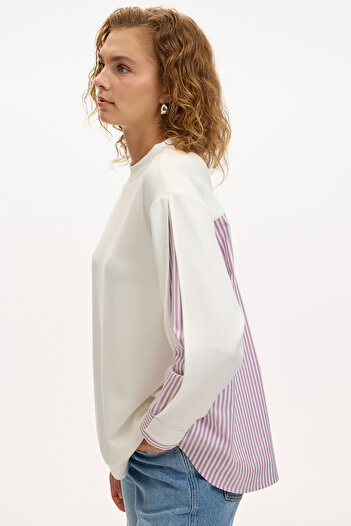 Exquise Knitted Ecru Blue Sweatshirt with Sleeve Shirt Detail