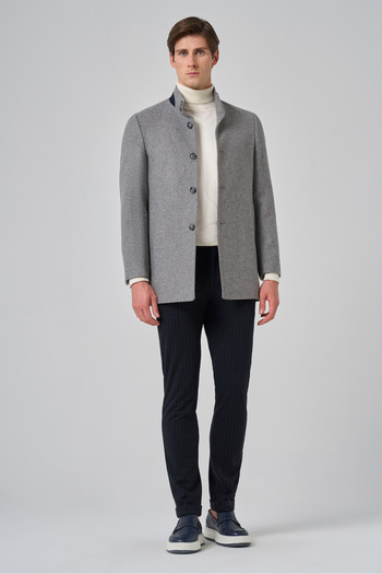 Morven Men's Gray Plain Judge Collar Dynamic Fit Coat