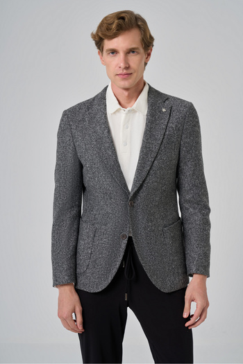 Morven Erkek Gri Örme Slim Fit Mono Yaka Ceket
