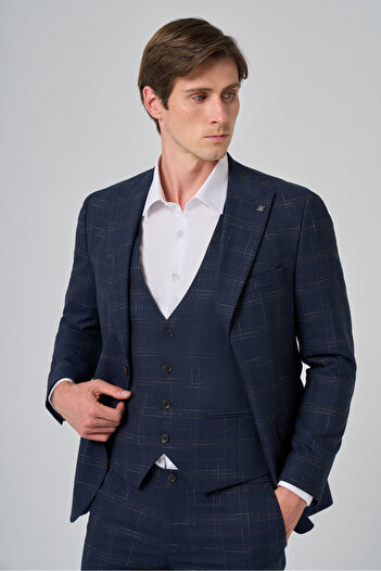 Morven Men's Navy Blue Polyviscon Trend Vest Plaid Slim Fit Pointed Collar Suit