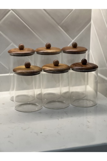 Sade Hediye 3 Large 3 Medium Acacia Wood Spice Jars with Lids Set