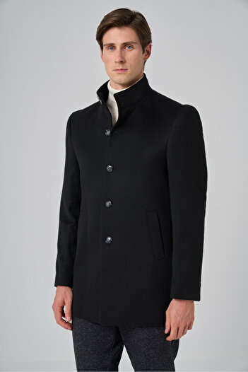 Morven Men's Black Patterned Judge Collar Dynamic Fit Coat