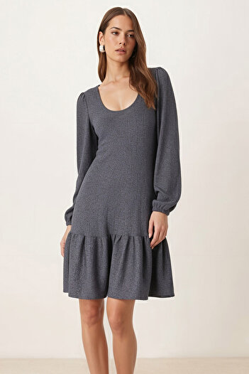 armonika Women's Smoked U-Neck Long Sleeve Lycra Dress with Ruffle Hem Arm-26K001012
