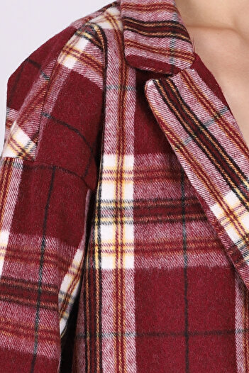 armonika Women's Dark Burgundy Men's Collar Oversized Jacket with Side Slits Arm-26K001009