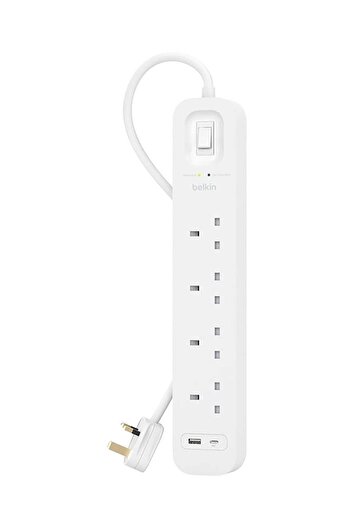 Belkin 18W 4-Way Power Extension Surge Protector, 2 USB, White, 2 Meter