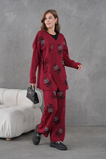Miss Allos Women's Beaded and Embroidered Side-Tie Wide-Fit Knit Cardigan and Pants Set
