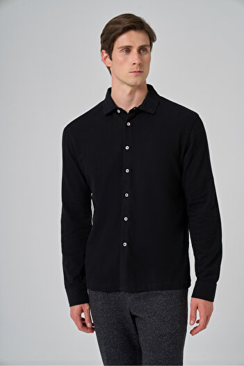 Morven Men's Black Cotton Trend Tree Bark Pattern Dynamic Fit Italian Collar Shirt