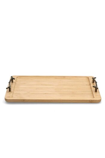 Bien Servi Rectangle Bamboo Serving Tray with Metal Handle Brown 40 x 25 cm