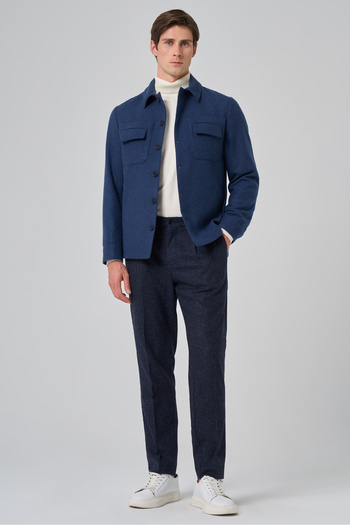 Morven Men's Indigo Wool Berber Collar Double Flap Pocket Shirt Jacket