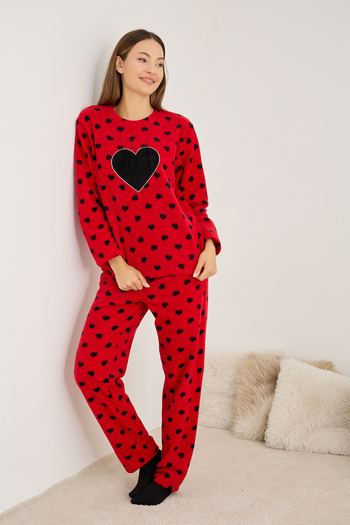Siyah İnci Red Black Heart Pattern Embroidered Fleece Winter Knitted Pajamas Set