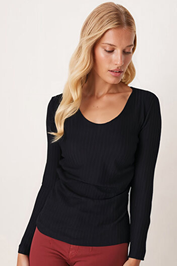 armonika Women's Black V-Neck Long Sleeve Gathered Front Soft Textured Lycra Blouse Arm-26K001014