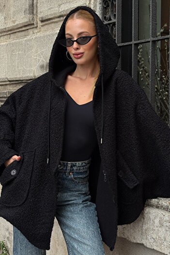 VAGGON Double Pocket Asymmetric Cut Bat Sleeve Hooded Cashmere Coat