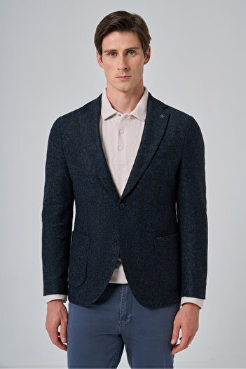 Morven Men's Marine Knitted Slim Fit Mono Collar Jacket