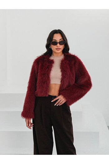 LİNDALİNA TEKSTİL Women's Oversize Crop Lined Extra Soft Padded Stylish Fur Jacket