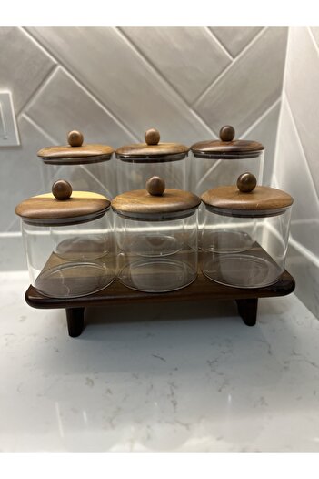 Sade Hediye 6-Piece Seasoning Container Set with Acacia Lid and Stand/2-Piece Glass Oil and Sauce Bowl Set