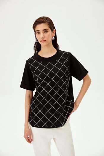 Allyco Stoned Diamond Patterned Crew Neck Cotton Regular Knitted T-Shirt