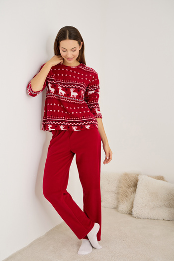 Siyah İnci Burgundy Deer Patterned Polar Winter Knitted Pajama Set