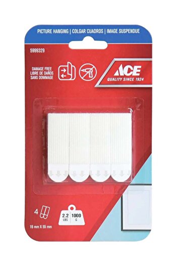 ACE 8-Piece Damage-Free Adhesive Picture Hanging Strips - White 1.6 x 5.5 cm