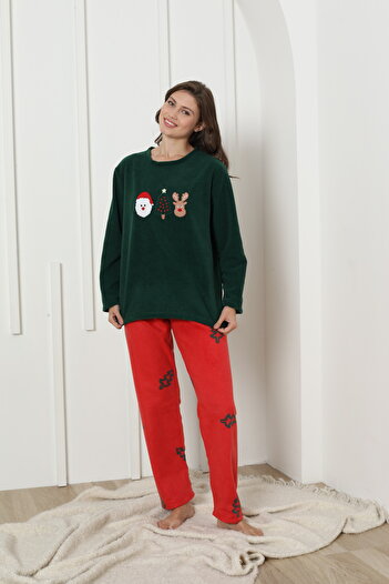 Siyah İnci Green Christmas Themed Embroidered Fleece Winter Knitted Pajama Set
