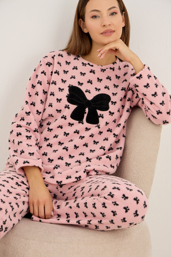 Siyah İnci Pink Bow Pattern Embroidered Fleece Winter Knitted Pajamas Set