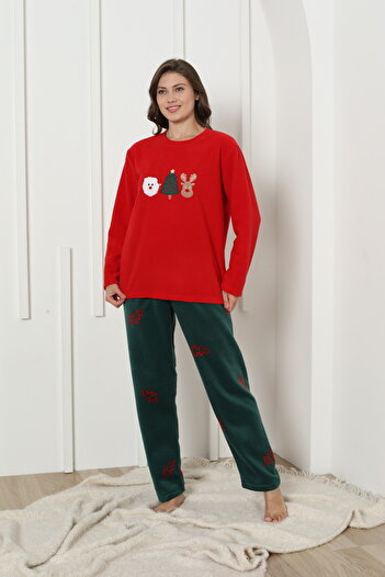 Siyah İnci Red Christmas Themed Embroidered Fleece Winter Knitted Pajama Set