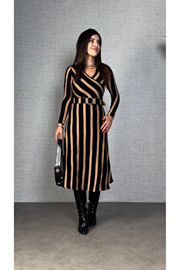 JANES Women's Long Sleeve Double Breasted Collar Belt Included Striped Knitwear Dress