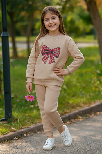 Merdia Girl's 3-Thread Ribbed Inner Layer Top and Bottom Tracksuit Set with Ribbon Print