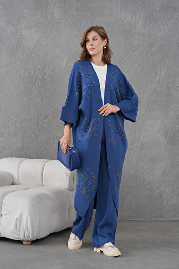 Miss Allos Women's Beaded Wide-Fit Knitwear Cardigan and Pants Bottom-Top Set