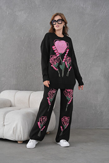 Miss Allos Women's Beaded and Embroidered Wide-Fit Knitwear Sweater and Pants Top and Bottom Set