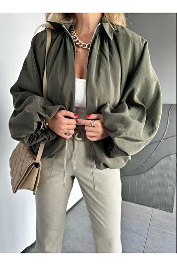 QİMYA BUTİK Egzoti̇k Women's Waist & Cuff Drawstring Detailed Matte Satin Fabric Premium Bomber Jacket