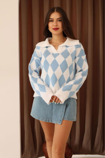 Nazline Women's Diamond Pattern Shirt Collar Long Sleeve Knitwear Sweater