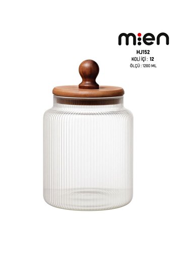 MİEN Acacia Ball Glass Jar-1200Ml, Glass Jar with Acacia Lid, Multi-Purpose Jar
