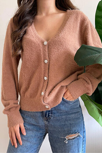 Nazline Women's V-Neck Buttoned Soft Textured Long Sleeve Knitwear Cardigan