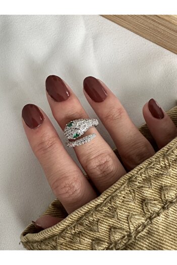 ringbox Silver Color Green Stone Snake Ring