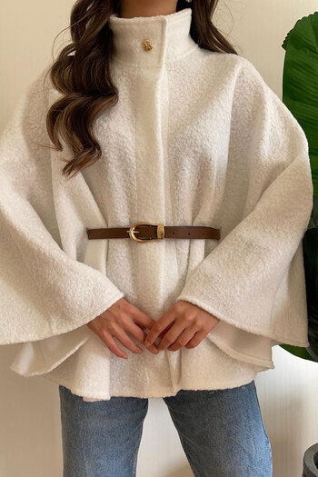 Nazline Women's Oversize Belted Detailed Boucle Fabric Poncho