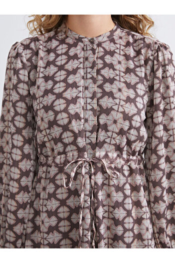 LC Waikiki Lcw Modest Pink High Neck Patterned Waist Fitted Chiffon Dress