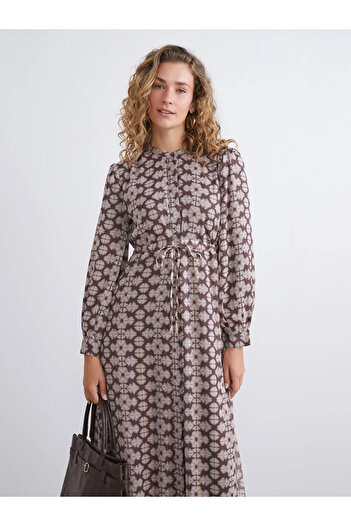 LC Waikiki Lcw Modest Pink High Neck Patterned Waist Fitted Chiffon Dress