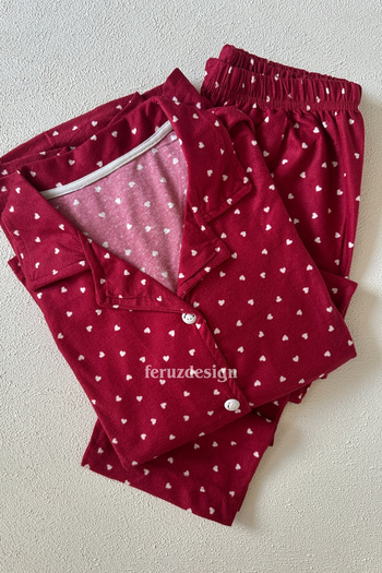 Feruzdesign Red Heart Front Buttoned Long Sleeve Pajama Set
