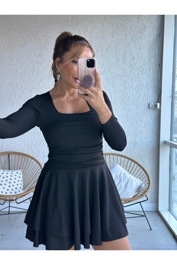 QİMYA BUTİK Buketli̇ Women's Slim Scuba Fabric Skirt Double Layer Square Neck Long Sleeve Mini Dress