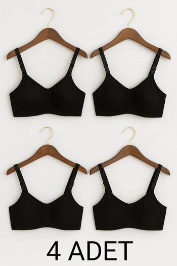 enmodaiçgiyim 4 Pieces Black Cotton Underwire-Free Sponge-Free Combed Comfortable Women's Bra