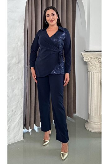 Butik Nilyam Women's Plus Size Double Breasted Lapel One Direction Sequin Detailed Long Sleeve Evening Dress Suit 24717