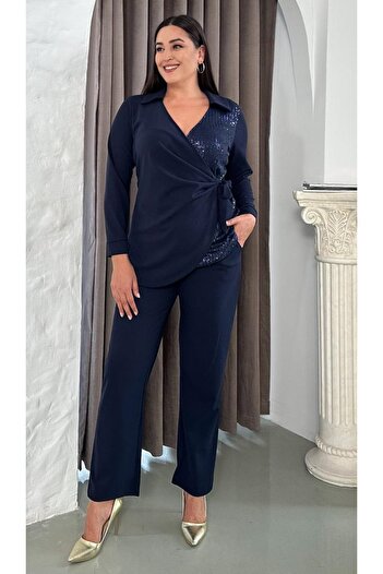 Butik Nilyam Women's Plus Size Double Breasted Lapel One Direction Sequin Detailed Long Sleeve Evening Dress Suit 24717
