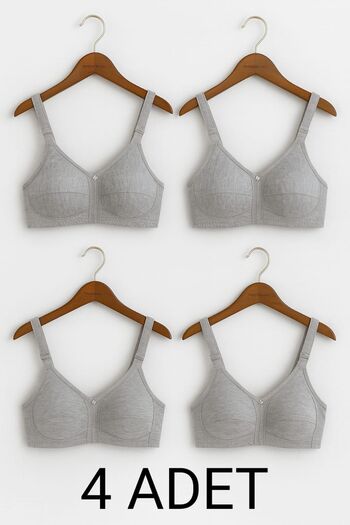 enmodaiçgiyim 4 Pieces Gray Cotton Wire-Free Sponge-Free Combed Comfortable Women's Bra