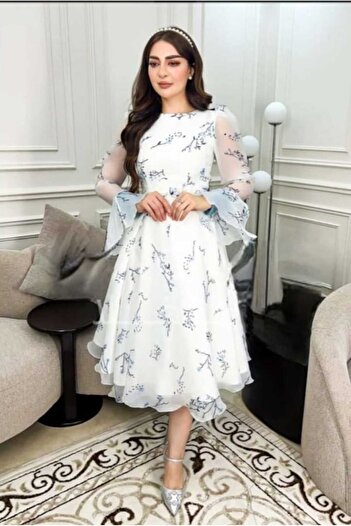 Riva Elegant white midi dress with blue prints