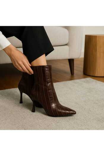 Macelife Crocodile Pattern Thin Heeled Pointed Toe Brown Boots