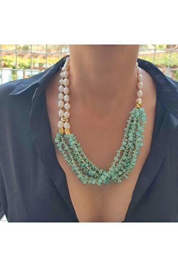 elinasaccessories Amazonit ve İnci Kolye, İnci Kolye, Amozonit Doğal Taş Kolye, Kadına Hediye,Designer Kolye