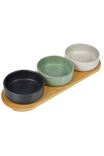 OEM Bamboo Stand with 3 Coloured Ceramic Bowls for Appetizers 32 x 10 x 4.5 cm